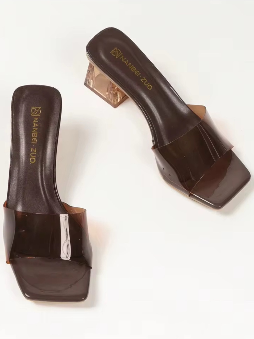 Brown Clear-Strap Block Heel Sandal